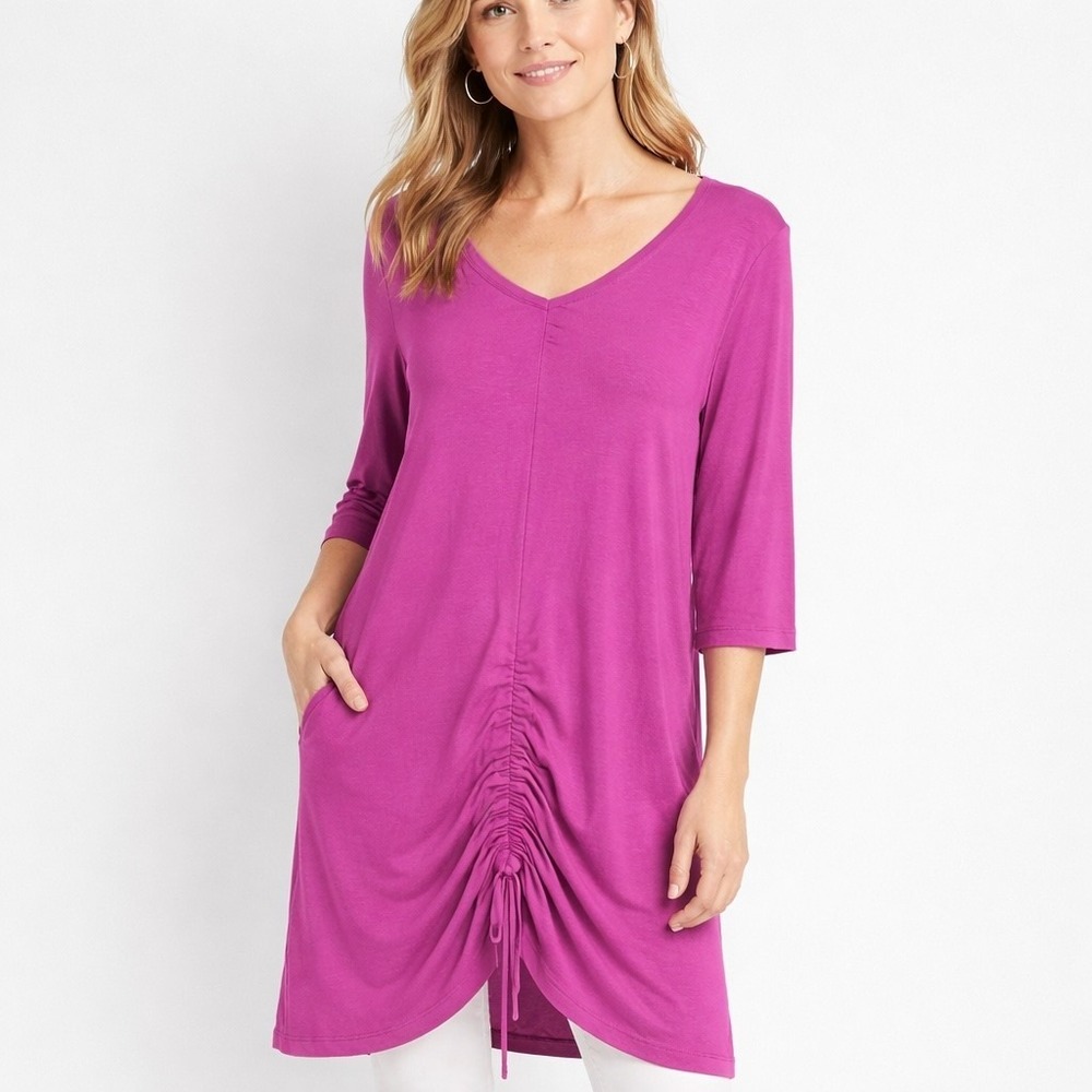 Bryn Walker Long Tunic Mini Dress Womens L Pink Ruched Organic Cotton Bamboo